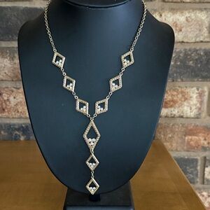 Vintage Gold Tone Geometric Rhinestone Drop Necklace